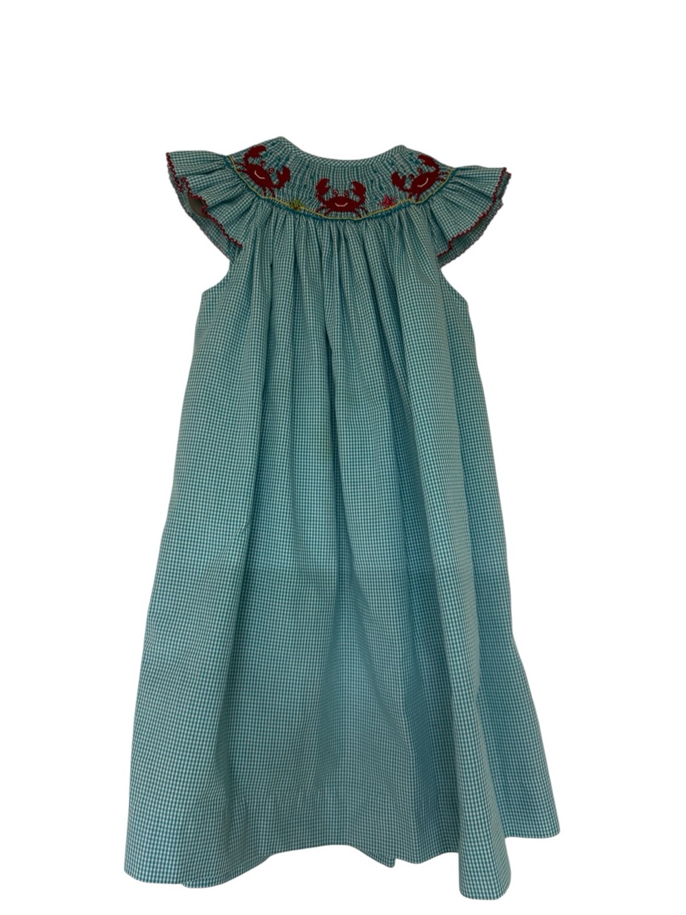 Be mine Teal Gingham Smocked Dress with Red Crab Embroidery